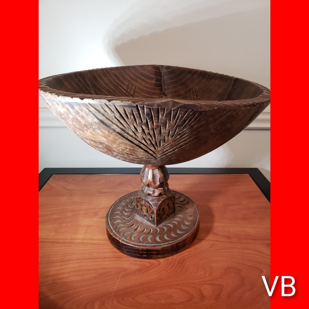 Vintage Hand Carved Pedestal Wooden Bowl